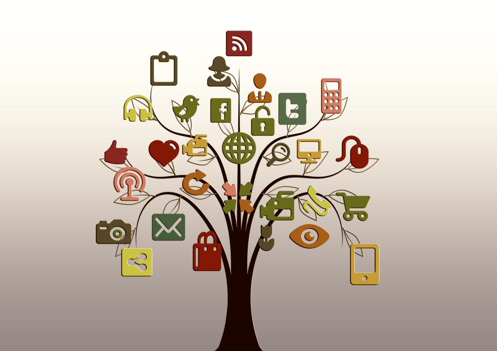 Ein Baum, viele Äste. Am Ende jedes Astes findet sich ein Icon, das für diverse Funktionen im Internet steht: E-Mail, Twitter, Facebook und andere.
